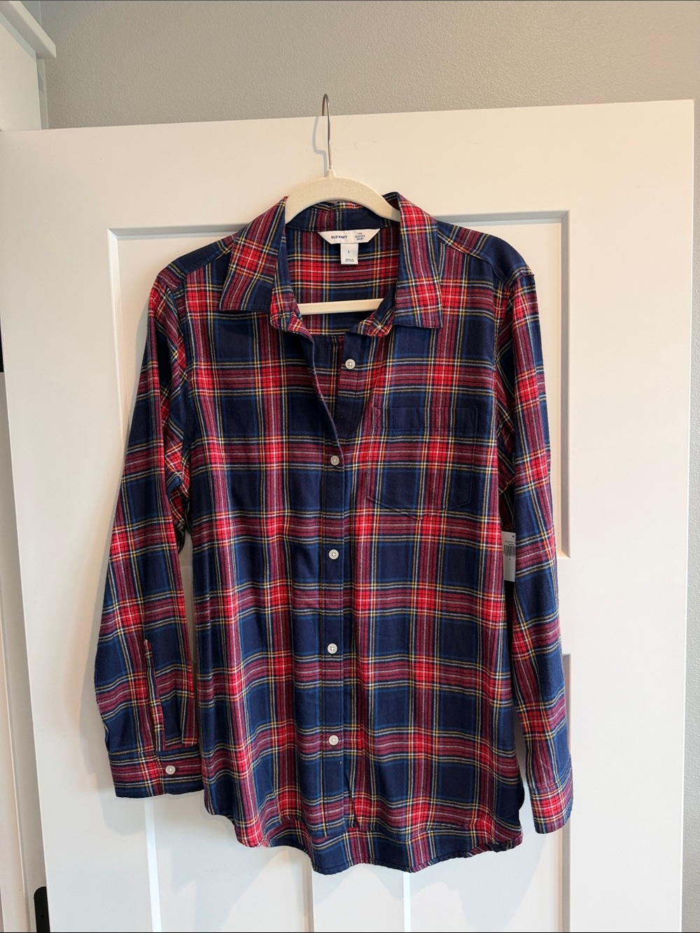 Old Navy Red & Navy Plaid Flannel Button-Down Shirt - L